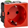 Розетка с заземляющим контактом без защитной шторки и безвинтовым зажимом (2 модуля) красная