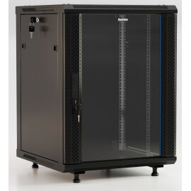 Шкаф настенный 19", 18U, 920х600х450мм, стекл.дверь, черный, Hyperline TWB-FC-1845-GP-RAL9004