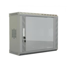 Шкаф настенный 19", 9U, 480х600х250мм, стекл.дверь, несъемные боковые панели, в сборе, серый, Hyperline TWS-0925-GP-RAL7035