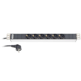 Блок розеток 19", 1U, 6 гнезд (Schuko), 16A, кабель 2,5м, черный, Hyperline SHT19-6SH-2.5EU