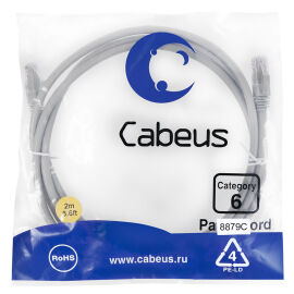 Патч-корд UTP 4 пары, Кат.6, 2xRJ45, LSZH, 2м, серый, Cabeus PC-UTP-RJ45-Cat.6-2m-LSZH