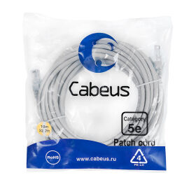 Патч-корд UTP 4 пары, Кат.5е, 2xRJ45, PVC, 10м, серый, Cabeus PC-UTP-RJ45-Cat.5e-10m