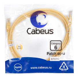 Патч-корд UTP 4 пары, Кат.6, 2xRJ45, PVC, 2м, желтый, Cabeus PC-UTP-RJ45-Cat.6-2m-YL 