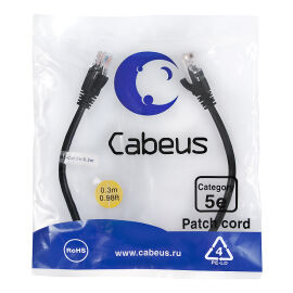 Патч-корд UTP 4 пары, Кат.5е, 2xRJ45, PVC, 0.3м, черный, Cabeus PC-UTP-RJ45-Cat.5e-0.3m-BK