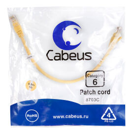 Патч-корд UTP 4 пары, Кат.6, 2xRJ45, PVC, 0.3м, желтый, Cabeus PC-UTP-RJ45-Cat.6-0.3m-YL 