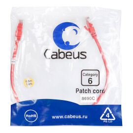 Патч-корд UTP 4 пары, Кат.6, 2xRJ45, PVC, 0,5м, красный, Cabeus PC-UTP-RJ45-Cat.6-0.5m-RD