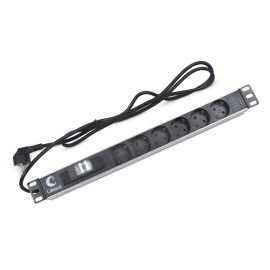 Блок розеток 19", 1U, 6 гнезд (Schuko), 16 A, кабель 2м, Cabeus PDU-6P-B-2EU