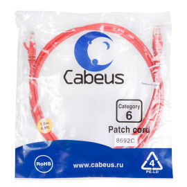 Патч-корд UTP 4 пары, Кат.6, 2xRJ45, PVC, 1.5м, красный, Cabeus PC-UTP-RJ45-Cat.6-1.5m-RD