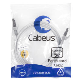 Патч-корд FTP 4 пары, Кат.5е, 2xRJ45, PVC, 1м, серый, Cabeus PC-FTP-RJ45-Cat.5e-1m