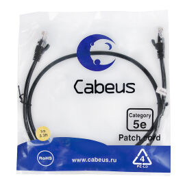 Патч-корд UTP 4 пары, Кат.5е, 2xRJ45,  PVC, 1м, черный,Cabeus PC-UTP-RJ45-Cat.5e-1m-BK