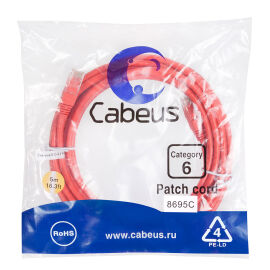 Патч-корд UTP 4 пары, Кат.6, 2xRJ45, PVC, 5м, красный, Cabeus PC-UTP-RJ45-Cat.6-5m-RD