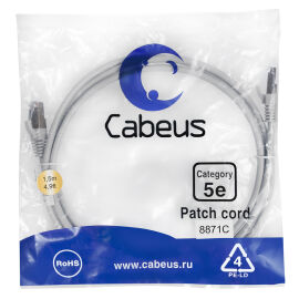 Патч-корд FTP 4 пары, Кат.5е, 2xRJ45, 1.5м, LSZH, серый, Cabeus PC-FTP-RJ45-Cat.5e-1.5m-LSZH