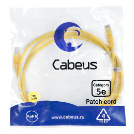 Патч-корд UTP 4 пары, Кат.5е, 2xRJ45, LSZH, 2м, желтый, Cabeus PC-UTP-RJ45-Cat.5e-2m-YL-LSZH