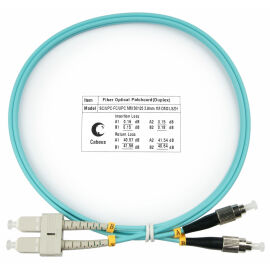 Шнур оптический SC/UPC - FC/UPC, МM, 50/125, OM3, 1м, LSZH, Duplex, бирюз., Cabeus FOP-50-SC-FC-1m