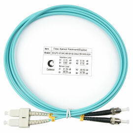 Шнур оптический SC/UPC–ST/UPC, МM, 50/125, OM3, 2м, LSZH, Duplex, бирюз., Cabeus FOP-50-SC-ST-2m