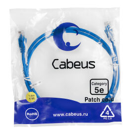 Патч-корд UTP 4 пары, Кат.5е, 2xRJ45, 1.5м, синий, PVC, Cabeus PC-UTP-RJ45-Cat.5e-1.5m-BL 