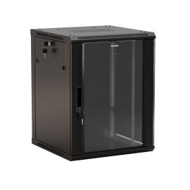 Шкаф настенный 19", 12U, 650х600х450мм, стекл.дверь, черный, Hyperline TWB-FC-1245-GP-RAL9004