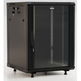 Шкаф настенный 19", 15U, 775х600х450мм, стекл.дверь, черный, Hyperline TWB-FC-1545-GP-RAL9004