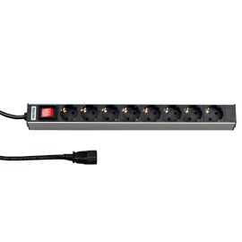 Блок розеток 19", 1U, 8 гнезд (Schuko), 16A, с LED выкл, чер,каб. 2,5м, Hyperline SHT19-8SH-S-2.5IEC