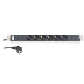 Блок розеток 19", 1U, 6 гнезд (Schuko), 16A, с LED выкл, сер, каб. 2,5м, Hyperline SHT19-6SH-2.5EU