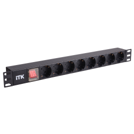 Блок розеток 19", 1U, 8 гнезд (Schuko), вход C14, 10A, с LED выкл., без кабеля, ITK PH12-8D3