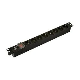 Блок розеток 19", 1U, 8 гнезд (Schuko), 16А, с LED выкл, черный, без каб., Hyperline SHE19-8SH-S-CB