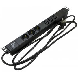 Блок розеток 19", 1U, 3 гнезда (Schuko)+3 гнезда, выход C13, 16А, черный, каб.2.5м, Hyperline SHE19-3SH-3IEC-2.5EU