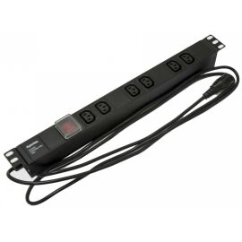 Блок розеток 19", 1U, 6 гнезд, вход C13, 16А, с LED выкл., черн., каб. 2.5м, Hyperline SHE19-6IEC-S-2.5IEC