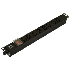 Блок розеток 19", 1U, 8 гнезд, вход C13, 16А, с LED выкл., чер., без каб, Hyperline SHE19-8IEC-S-CB