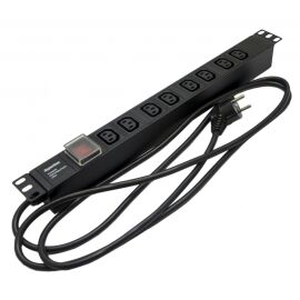 Блок розеток 19", 1U, 8 гнезд, вход C13, 10А, с LED выкл., черный, каб.2.5м, Hyperline SHE19-8IEC-S-2.5EU