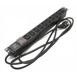 Блок розеток 19", 1U, 10 гнезд, вход С13, с LED выкл., черный, каб. 2.5м, Hyperline SHE19-10IEC-S-2.5EU