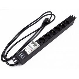 Блок розеток 19", 1U, 6 гнезд (Schuko), 16А, черный, кабель 2.5м, Hyperline SHE19-6SH-B-2.5EU