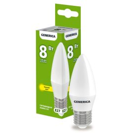 Лампа светодиодная C35 свеча 8Вт 230В 3000К E27 GENERICA