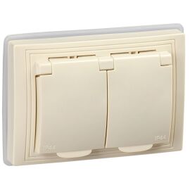 KVARTA Розетка 2-местная с заземлением с защитными шторками с крышкой 16А IP44 РСбш12-3-ККм-44 кремо