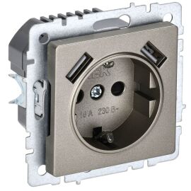 BRITE Розетка 1-местная с заземлением с защитными шторками 16А с USB A+A 5В 3,1А РЮш10-2-БрШ шампань