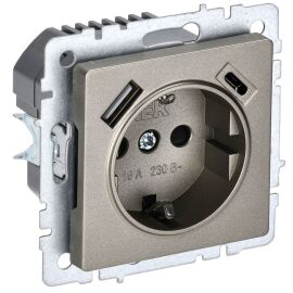 BRITE Розетка 1-местная с заземлением с защитными шторками 16А с USB A+C 18Вт РЮш11-1-БрШ шампань IE