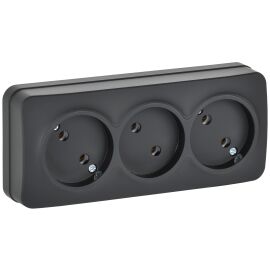 GLORY Розетка 3-местная для открытой установки без заземления без защитных шторок 10А РС23-2-ХЧм чер