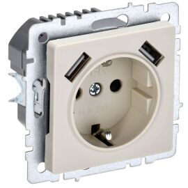 BRITE Розетка 1-местная с заземлением с защитными шторками 16А с USB A+A 5В 2,1А РЮш10-1-БрКр бежевы