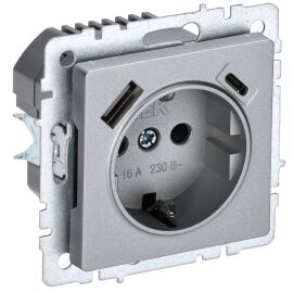 BRITE Розетка 1-местная с заземлением с защитными шторками 16А с USB A+C 18Вт РЮш11-1-БрА алюминий I