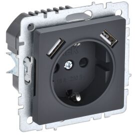 BRITE Розетка 1-местная с заземлением с защитными шторками 16А с USB A+A 5В 2,1А РЮш10-1-БрГ графит 