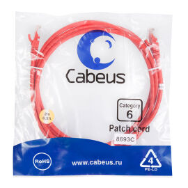 Патч-корд 4 пары, 2хRJ45, 2м, Кат.6, UTP, красный, PVC, Cabeus PC-UTP-RJ45-Cat.6-2m-RD