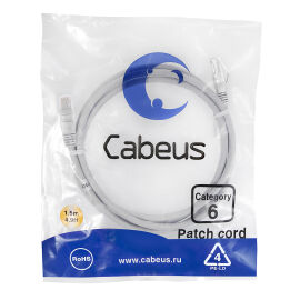 Патч-корд 4 пары, 2хRJ45, 1.5м, Кат.6, UTP, серый, PVC, Cabeus PC-UTP-RJ45-Cat.6-1.5m