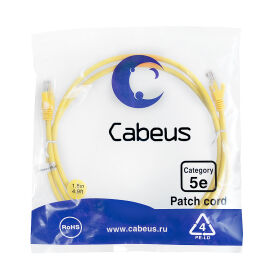 Патч-корд 4 пары, 2хRJ45, 1.5м, Кат.5e, UTP, желтый, LSZH, Cabeus PC-UTP-RJ45-Cat.5e-1.5m-YL-LSZH