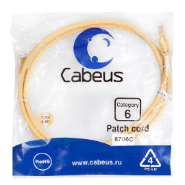 Патч-корд 4 пары, 2хRJ45, 1,5м, Кат.6, UTP, желтый, PVC, Cabeus PC-UTP-RJ45-Cat.6-1.5m-YL
