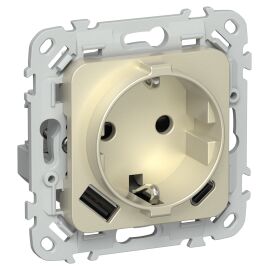 FLITE Розетка 1-местная с заземлением с защитными шторками 16А с USB A+C 20Вт РСЮшс11-0-ФлШ шампань 