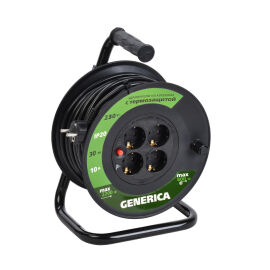 Удлинитель на катушке с т/з, 4 места, 2P+PE/30м, 3х1,0мм2, GENERICA WKP10-10-04-30-G
