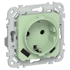 FLITE Розетка 1-местная с заземлением с защитными шторками 16А с USB A+C 20Вт РСЮшс11-0-ФлФ фисташко