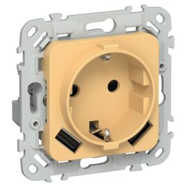 FLITE Розетка 1-местная с заземлением с защитными шторками 16А с USB A+A 3,1А РСЮша11-0-ФлЗ золотарн