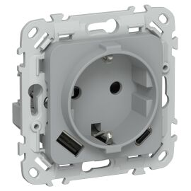 FLITE Розетка 1-местная с заземлением с защитными шторками 16А с USB A+C 20Вт РСЮшс11-0-ФлС серый IE