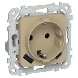 FLITE Розетка 1-местная с заземлением с защитными шторками 16А с USB A+C 20Вт РСЮшс11-0-ФлХ хаки IEK